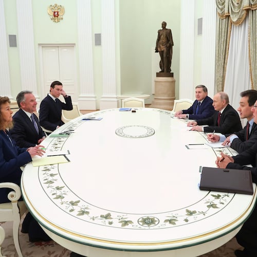 Russian President Vladimir Putin, third right, Russian Presidential foreign policy adviser Yuri Ushakov, fourth right, and Russian Direct Investment Fund CEO Special Presidential Representative for Investment and Economic Cooperation with Foreign Countries Kirill Dmitriev, right, attend talks with U.S. special envoy Steve Witkoff, second left, and Jared Kushner, U.S. President Donald Trump's son-in-law, third, at the Senate Palace of the Kremlin in Moscow, Russia, Tuesday, Dec. 2, 2025. (Alexander Kazakov, Sputnik, Kremlin Pool Photo via AP)