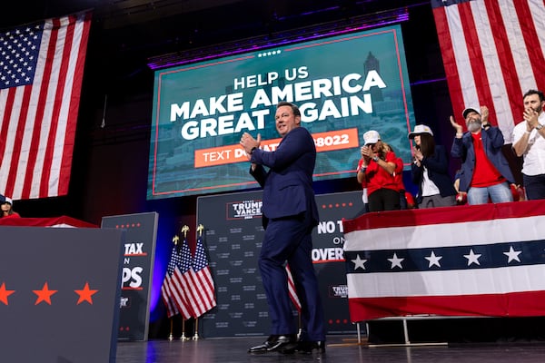 Lt. Gov. Burt Jones speaks at Republican presidential candidate Donald Trump’s rally at Cobb Energy Performing Arts Center in Cobb County on Tuesday, October 15, 2024. (Arvin Temkar / AJC)