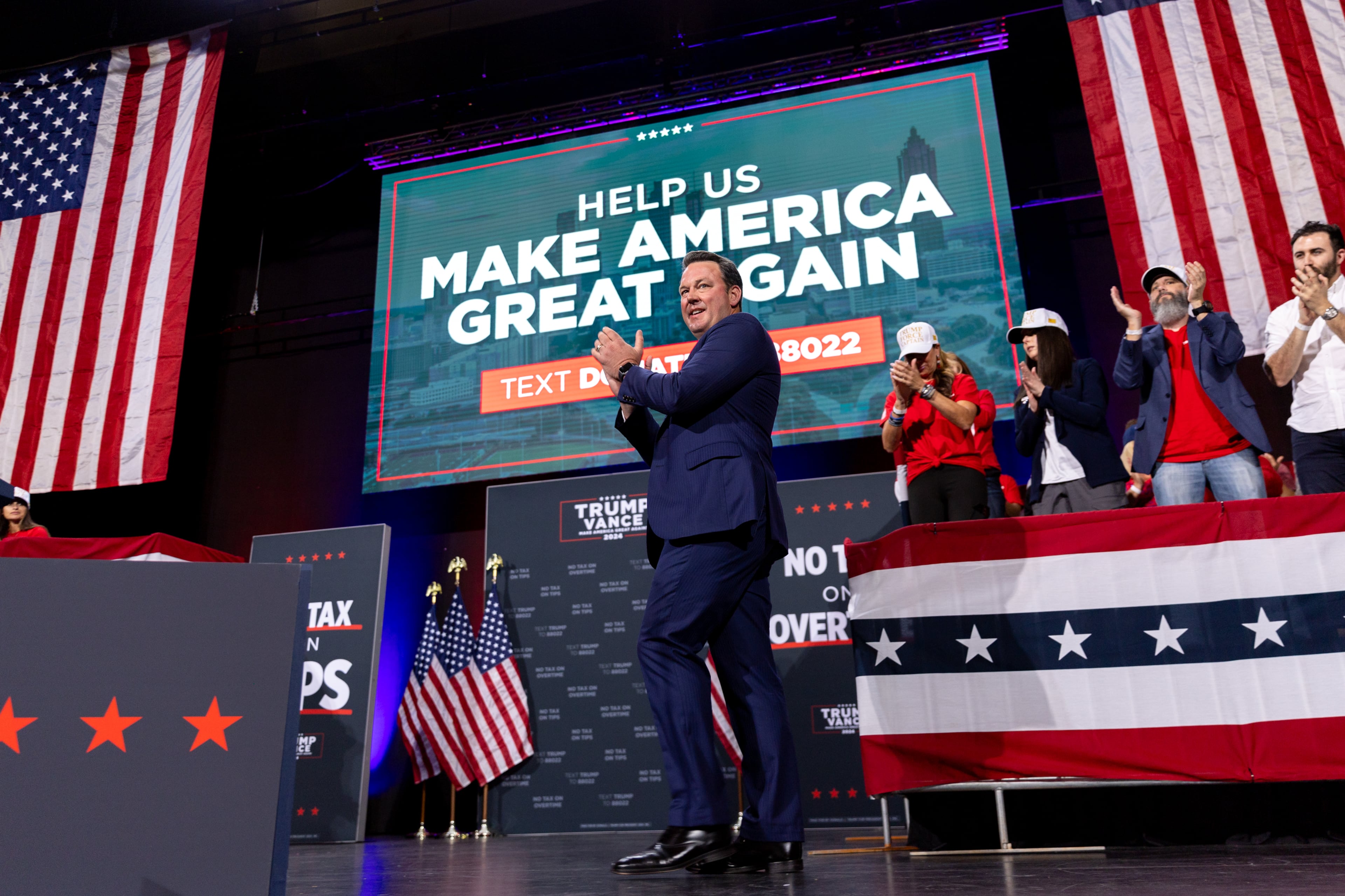 Lt. Gov. Burt Jones speaks at Republican presidential candidate Donald Trump’s rally at Cobb Energy Performing Arts Center in Cobb County on Tuesday, October 15, 2024. (Arvin Temkar / AJC)