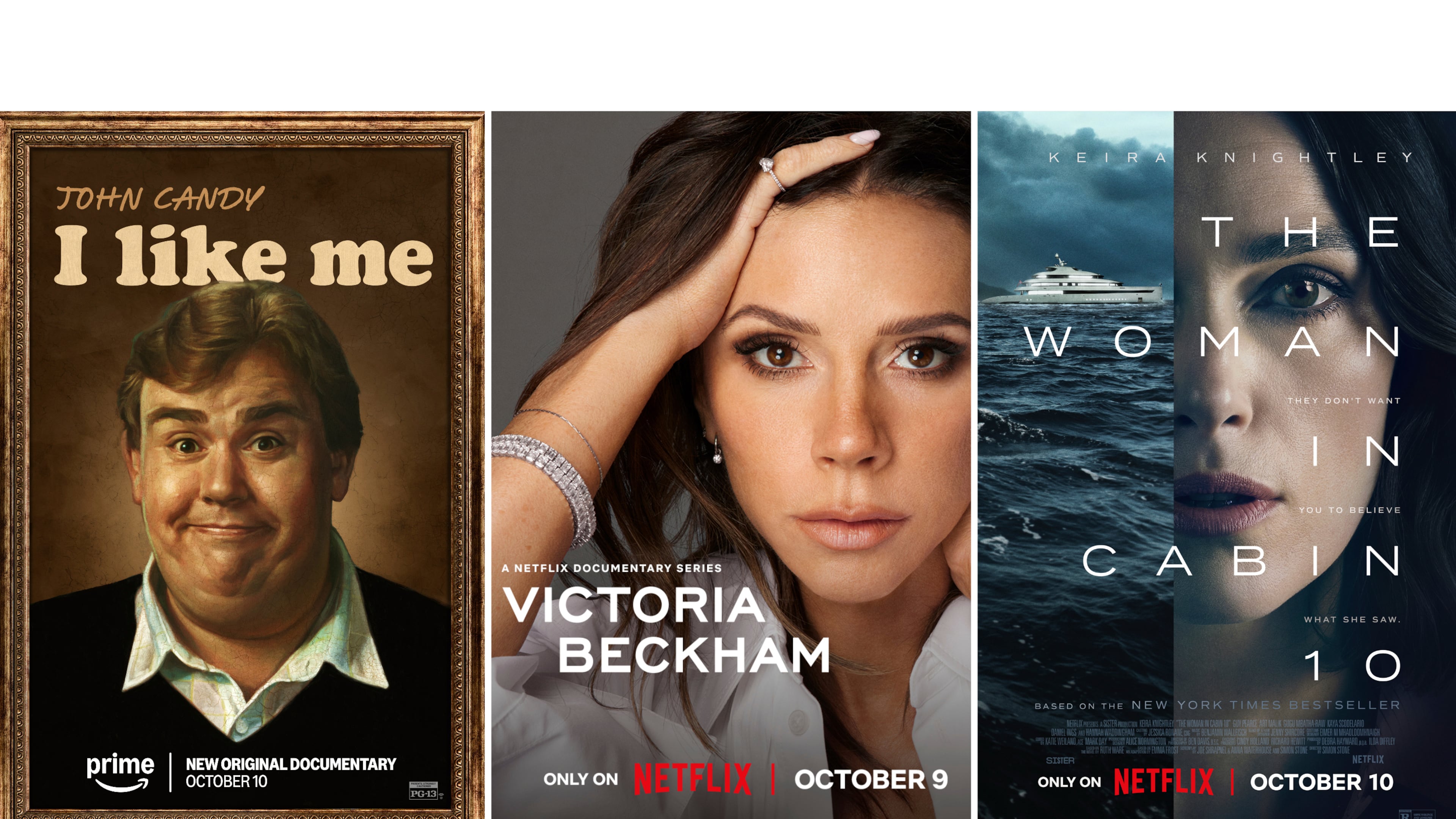 This combination of images shows promotional art for "John Candy: I Like Me," left, "Victoria Beckham," center, and "The Woman in Cabin 10." (Prime/Netflix/Netflix via AP)