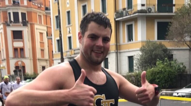 Former Georgia Tech offensive lineman Trey Braun on the race course of the Rome Marathon, run Sunday. (Courtesy Trey Braun)