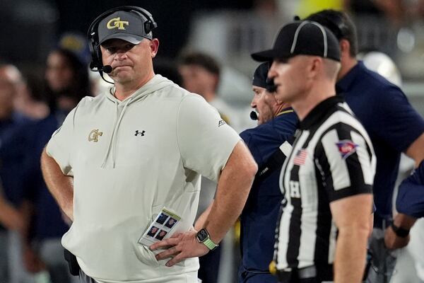 Georgia Tech head coach Brent Key watches play against Colorado during the first half of an NCAA college football game, Thursday, Sept. 3, 2026, in Atlanta. (AP Photo/Mike Stewart)