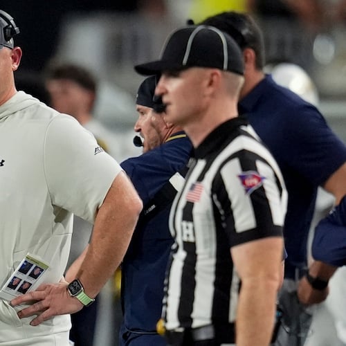 Georgia Tech head coach Brent Key watches play against Colorado during the first half of an NCAA college football game, Thursday, Sept. 3, 2026, in Atlanta. (Mike Stewart/AP)
