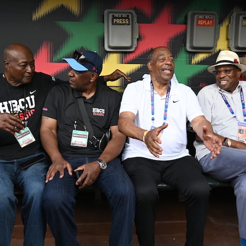 Honorary VIP guests Roger Cador (from left), Andre Dawson, Ken Griffey Sr. and Dusty Baker chat before the start of HBCU Swingman Classic at Truist Park on Tuesday, July 11, 2025, in Atlanta. (Hyosub Shin/AJC)