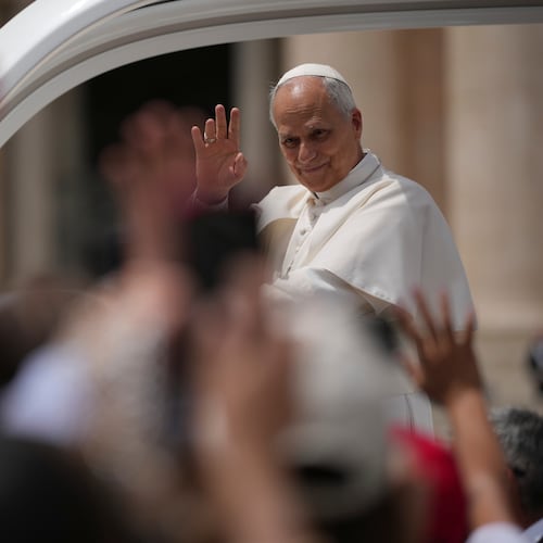 Pope Leo XIV waves as he leaves after his weekly general audience in St. Peter's Square at The Vatican, Wednesday, June 3, 2026. (AP Photo/Andrew Medichini)