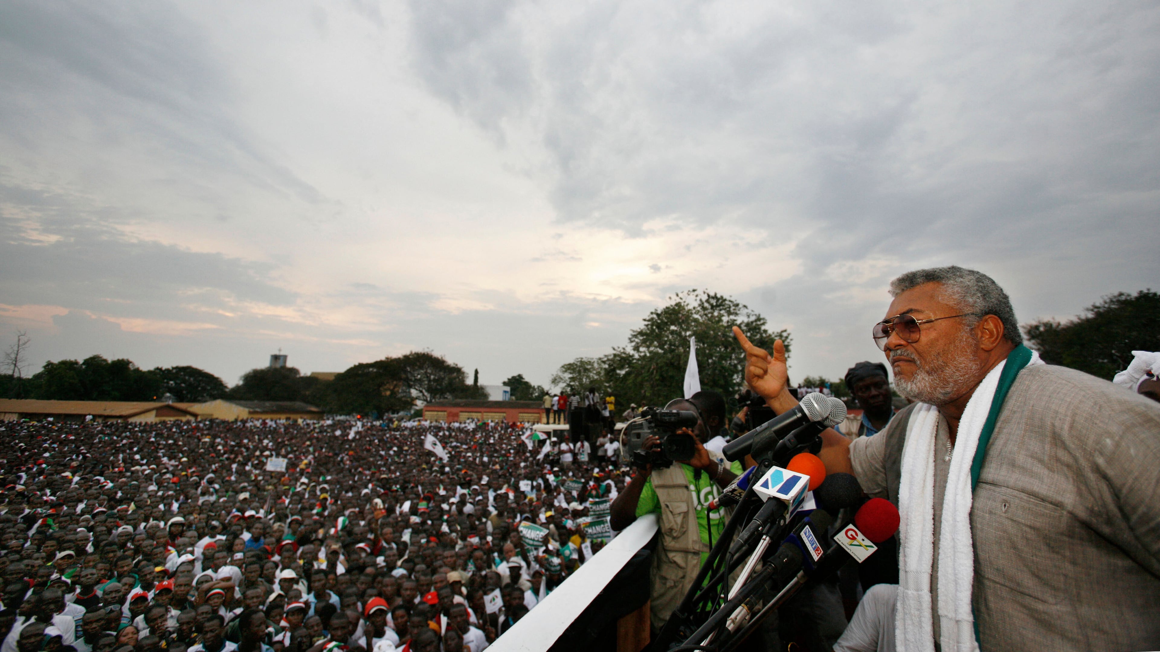 FILE - Former Ghanaian President Jerry Rawlings speaks at the final campaign rally for opposition presidential candidate John Atta Mills, in Tema, Ghana., Dec. 5, 2008. (AP Photo/Rebecca Blackwell, File)