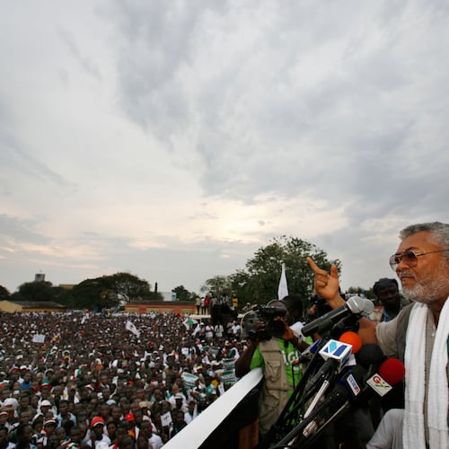 FILE - Former Ghanaian President Jerry Rawlings speaks at the final campaign rally for opposition presidential candidate John Atta Mills, in Tema, Ghana., Dec. 5, 2008. (AP Photo/Rebecca Blackwell, File)