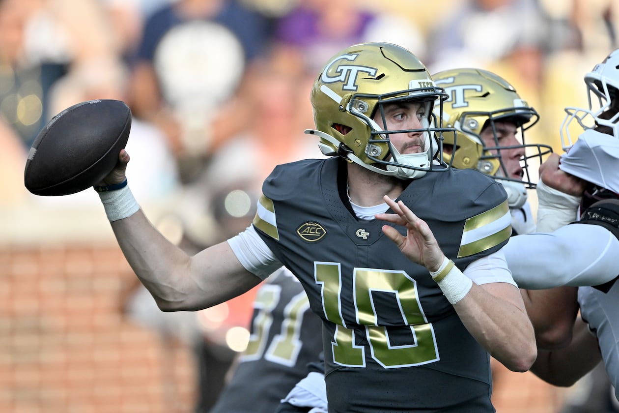 Georgia Tech quarterback Haynes King gets off a pass during the first half of an NCAA college football game at Georgia Tech's Bobby Dodd Stadium, Saturday, Sept. 20, 2025, in Atlanta. (Hyosub Shin/AJC)