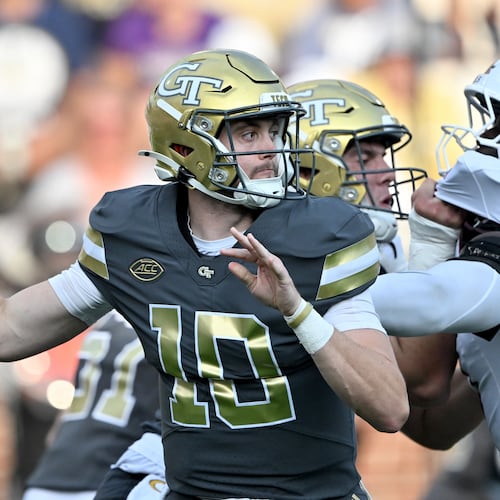 Georgia Tech quarterback Haynes King gets off a pass during the first half of an NCAA college football game at Georgia Tech's Bobby Dodd Stadium, Saturday, Sept. 20, 2025, in Atlanta. (Hyosub Shin/AJC)