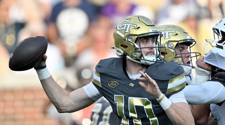 Georgia Tech quarterback Haynes King gets off a pass during the first half of an NCAA college football game at Georgia Tech's Bobby Dodd Stadium, Saturday, Sept. 20, 2025, in Atlanta. (Hyosub Shin/AJC)
