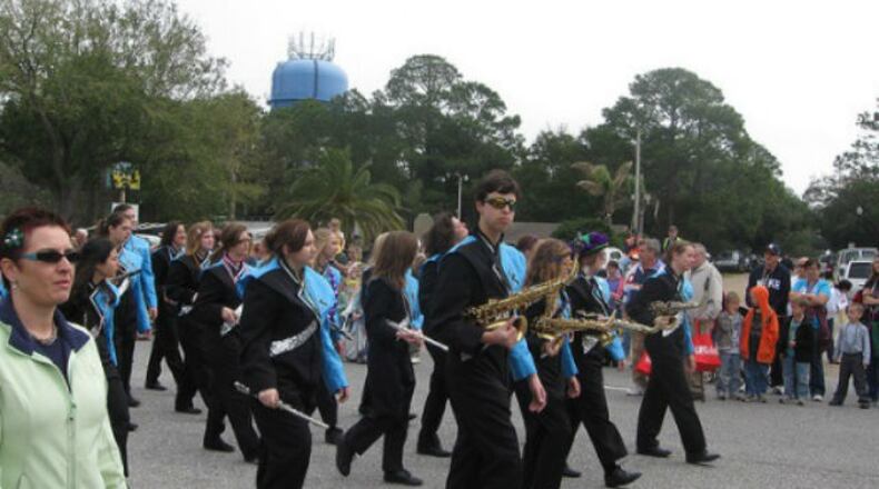 The Gulf Shores High School marching band in the 2011 Mardi Gras parade. The band consists of high school and middle school students. Twelve students were injured in the 2017 parade on Feb. 28.