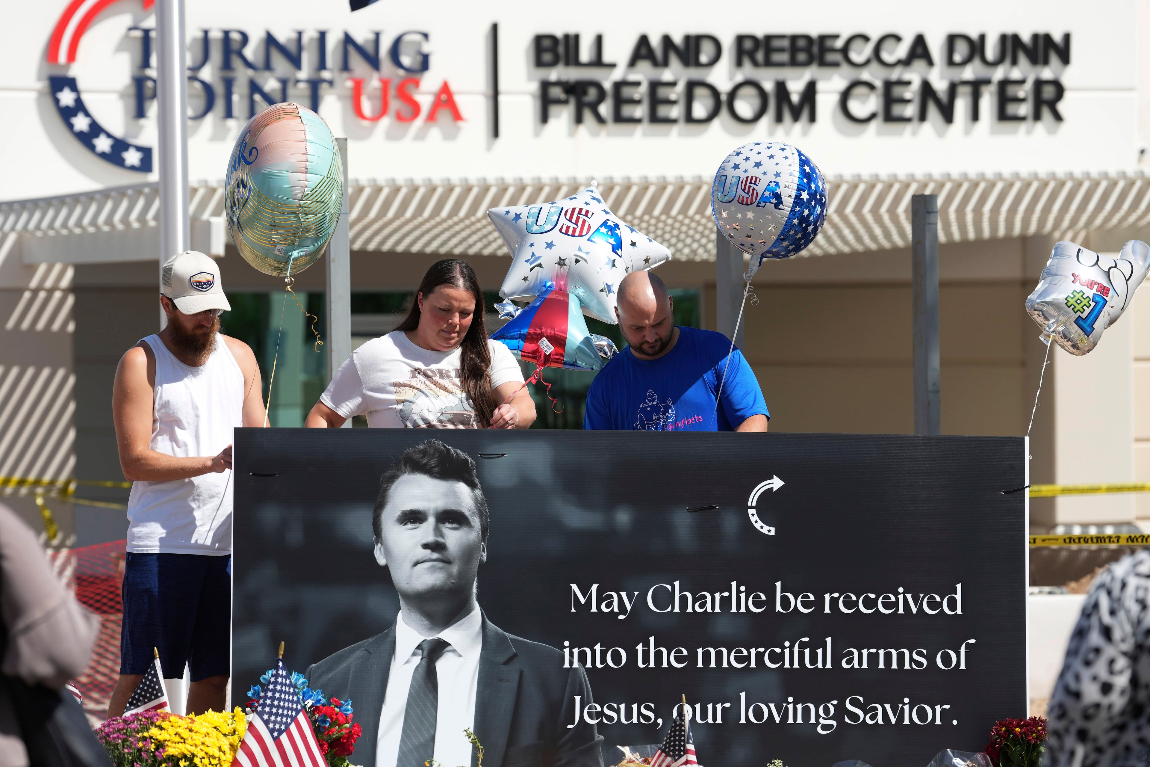 A memorial to Kirk at Turning Point USA headquarters in Phoenix.