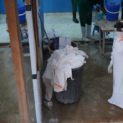 A health worker stands at an ebola treatment centre in Bunia, Congo, Monday, July 20, 2026. (AP Photo/Prosper Heri Ngorora)