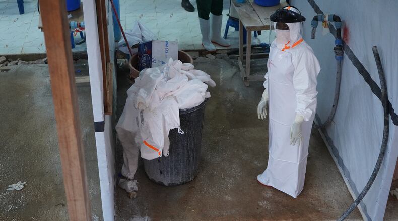 A health worker stands at an ebola treatment centre in Bunia, Congo, Monday, July 20, 2026. (AP Photo/Prosper Heri Ngorora)