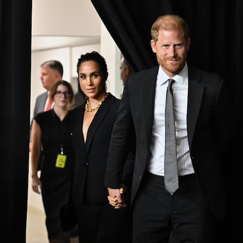 Meghan Markle, left, and Prince Harry, The Duke and Duchess of Sussex, attend the third annual World Mental Health Day Gala, hosted by Project Healthy Minds, at Spring Studios on Thursday, Oct. 9, 2025, in New York. (Photo by Evan Agostini/Invision/AP)