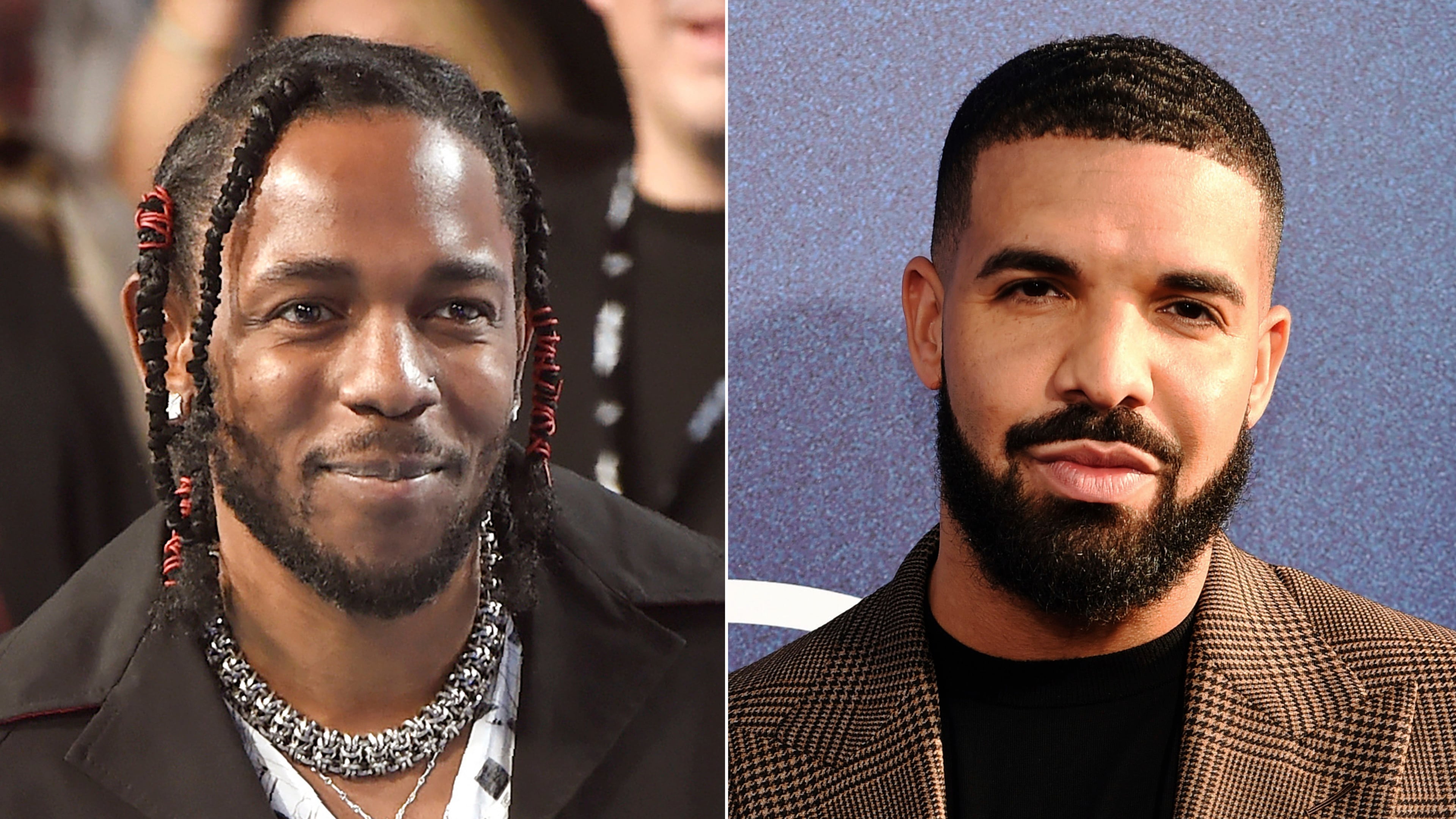 FILE - In this combination of images, Kendrick Lamar, left, appears at the MTV Video Music Awards on Aug. 27, 2017, in Inglewood, Calif., and Drake, right, appears at the premiere of the series "Euphoria," in Los Angeles on June 4, 2019. (AP Photos/Chris Pizzello, File)