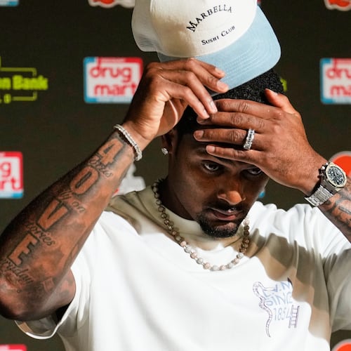 Cleveland Browns quarterback Deshaun Watson speaks at a press conference after an NFL preseason football game against the Buffalo Bills, Saturday, Aug. 22, 2026, in Cleveland. (AP Photo/Carolyn Kaster)