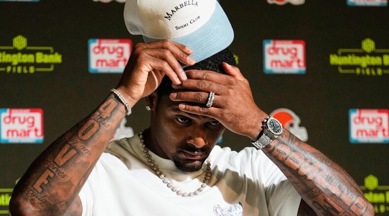 Cleveland Browns quarterback Deshaun Watson speaks at a press conference after an NFL preseason football game against the Buffalo Bills, Saturday, Aug. 22, 2026, in Cleveland. (AP Photo/Carolyn Kaster)