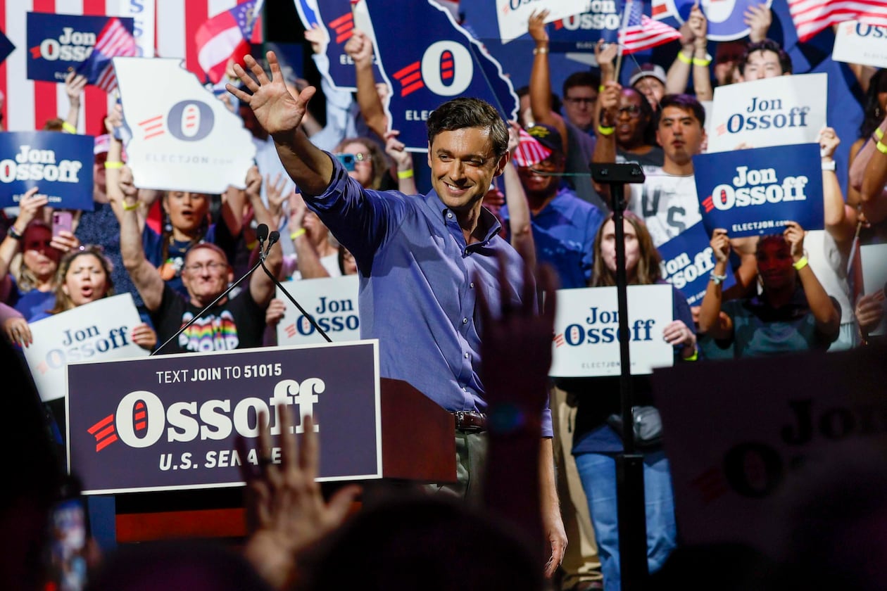 U.S. Sen. Jon Ossoff waves to a supporter after delivering a speech at a campaign rally at the Center Stage Theater on Sunday, August 16, 2026.
(Miguel Martinez/AJC)