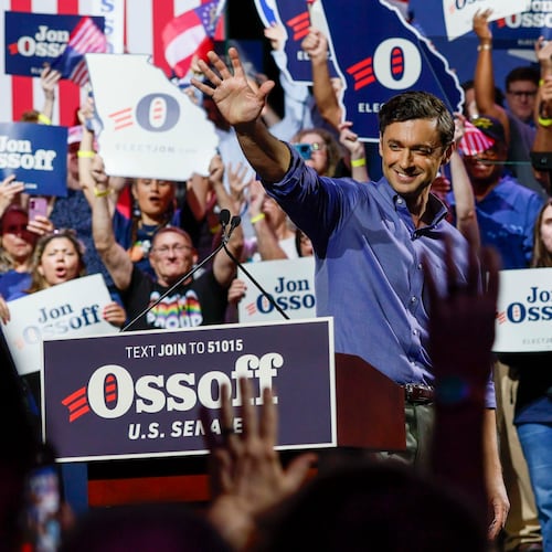 U.S. Sen. Jon Ossoff waves to a supporter after delivering a speech at a campaign rally at the Center Stage Theater on Sunday, August 16, 2026.
(Miguel Martinez/AJC)