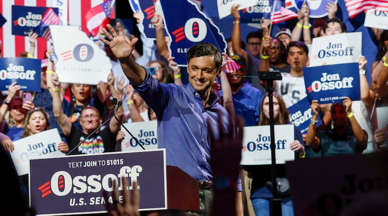 U.S. Sen. Jon Ossoff waves to a supporter after delivering a speech at a campaign rally at the Center Stage Theater on Sunday, August 16, 2026.
(Miguel Martinez/AJC)
