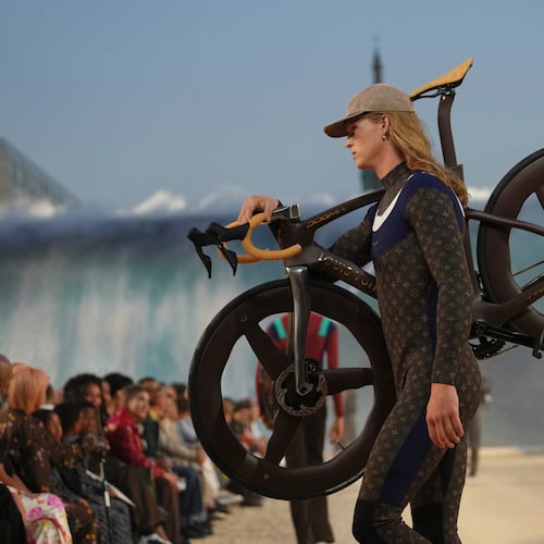 A model wears a creation as part of the Louis Vuitton men's Spring Summer 2027 collection presented in Paris, France, Tuesday, June 23, 2026. (AP Photo/Aurelien Morissard)