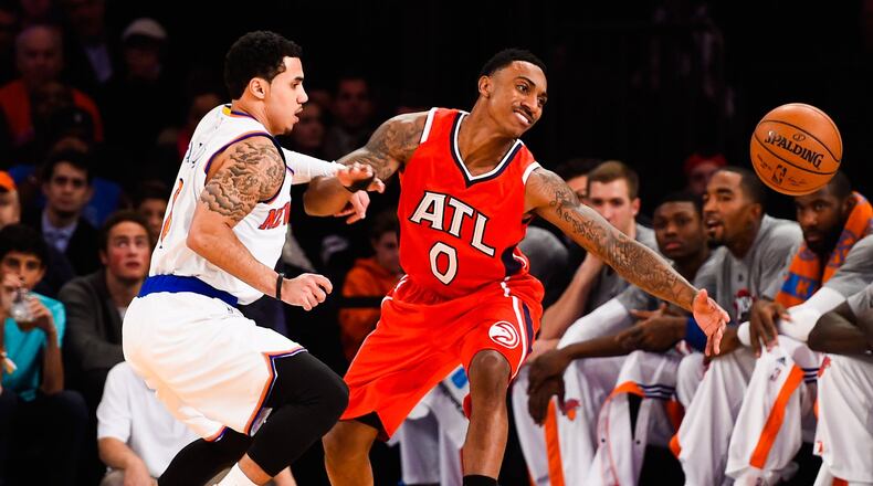 The Knicks’ Shane Larkin steals the ball from Hawks point guard Jeff Teague on Monday at Madison Square Garden as the Knicks did a better job of stopping Teague’s drives to the basket than they did in Saturday’s loss at Philips Arena. (Alex Goodlett/Getty Images)