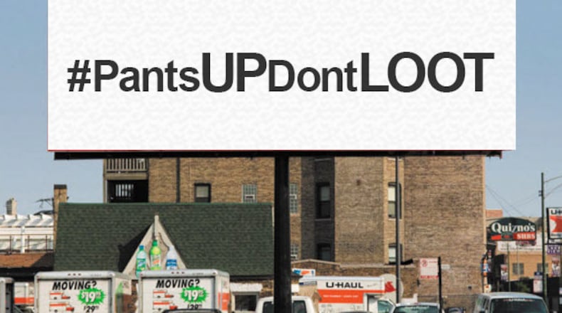 A proposed image of the "#PantsUPDontLOOT" billboard that supporters of Ferguson, Mo., cop Darren Willson want to post in "the heart of Florissant."