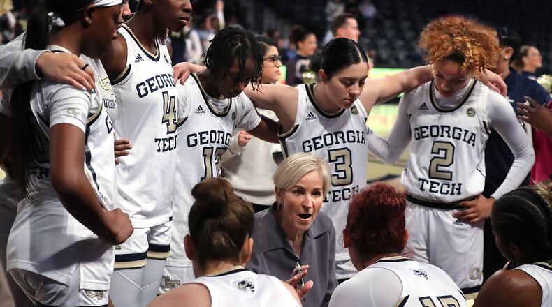 Georgia Tech head coach Nell Fortner, in her first season, coaches up her team during a time out in first half action against North Carolina in a NCAA college basketball game on Thursday, January 23, 2020, in Atlanta. The Yellow Jackets came back to tie the game 54-54 forcing overtime before falling 67-60 to the Tar Heels.   Curtis Compton ccompton@ajc.com