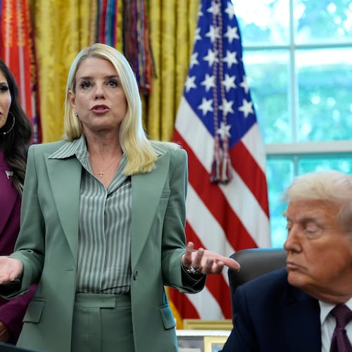 Attorney General Pam Bondi speaks as Homeland Security Secretary Kristi Noem, left, and President Donald Trump listen in the Oval Office of the White House, Monday, Sept. 15, 2025, in Washington. (Alex Brandon/AP)