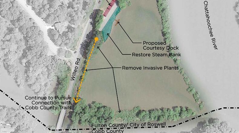 The Roswell Riverwalk master plan has trail’s westernmost end at Willeo Park, with a possible extension to the Willeo Road bridge and the Cobb County line. CITY OF ROSWELL
