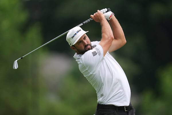 Mark Hubbard hits from the ninth tee during the first round of the Rocket Classic golf tournament at the Detroit Golf Club, Thursday, June 26, 2025, in Detroit. (AP Photo/Paul Sancya)