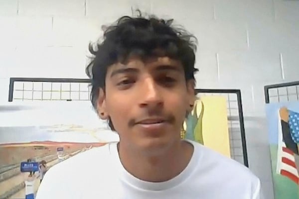 In this image taken from video provided by United Farm Workers, George Retes speaks about being arrested at an immigration raid at a Southern California marijuana farm during a press conference held over Zoom in Oxnard, Calif., Wednesday, July 16, 2025. (United Farm Workers via AP)