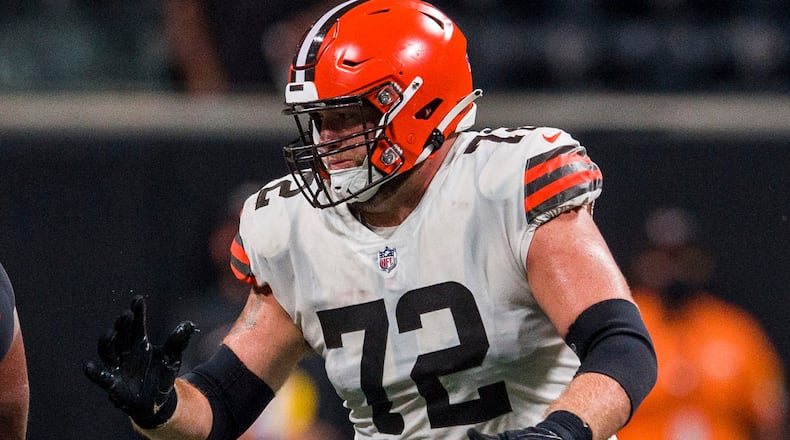 Cleveland Browns offensive guard Colby Gossett (72) works during the second half of exhibition gam against the Atlanta Falcons, Sunday, Aug. 29, 2021, at Mercedes-Benz Stadium in Atlanta. The Browns won 19-13. (Danny Karnik/AP)