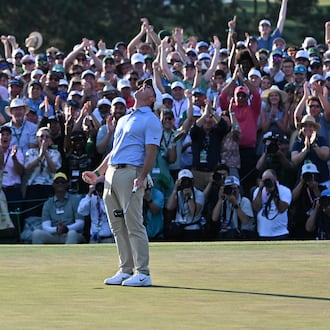 Rory McIlroy celebrates winning the 2026 Mastersduring final round of the Masters, at Augusta National Golf Club, Sunday, April 12, 2026, in Augusta, GA (Hyosub Shin/AJC)