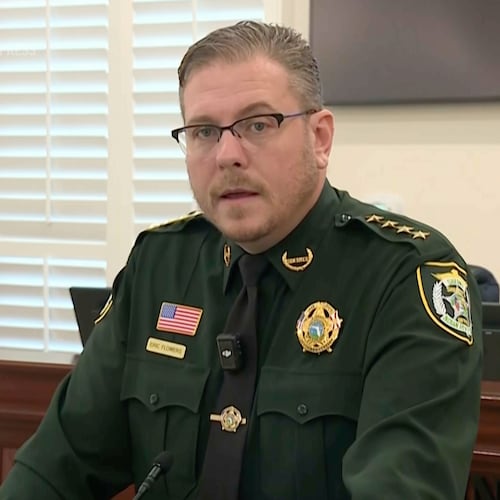 Indian River County Sheriff Eric Flowers speaks during a news conference on Friday, Nov. 21, 2025 in Vero Beach, Fla. (WPBF via AP)