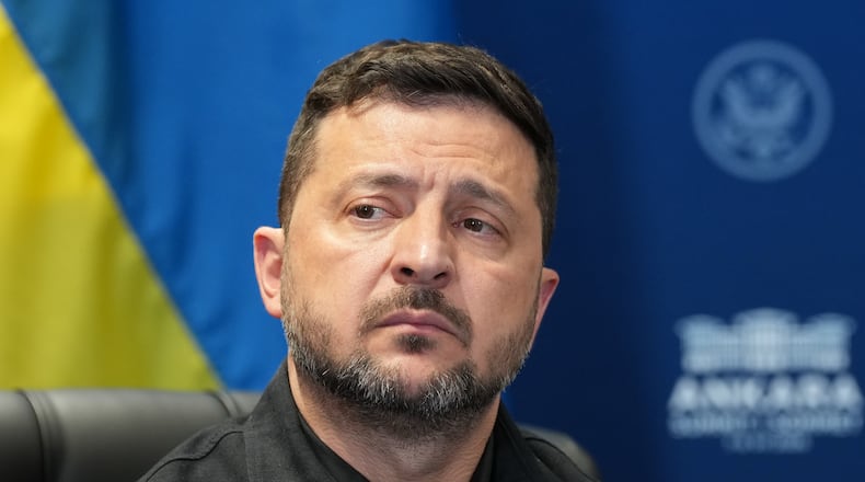 FILE - Ukraine's President Volodymyr Zelenskyy looks od during his meeting with U.S. President Donald Trump on the sidelines of the NATO summit in Ankara, Turkey, on July 8, 2026. (AP Photo/Alex Brandon, File)