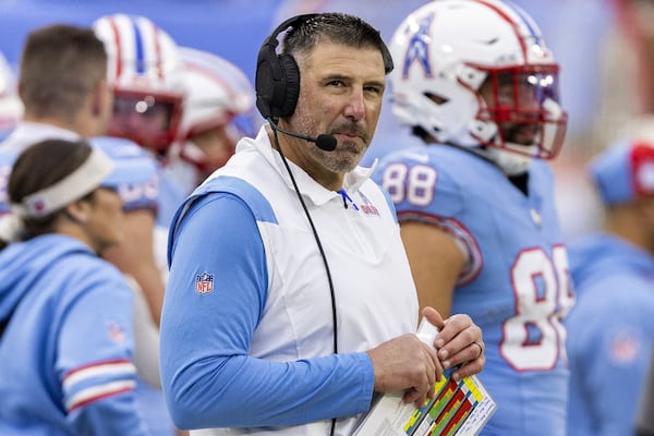 FILE - Tennessee Titans head coach Mike Vrabel looks at the Jumbotron during their NFL football game against the Houston Texans Sunday, Dec. 17, 2023, in Nashville, Tenn. (AP Photo/Wade Payne, File)
