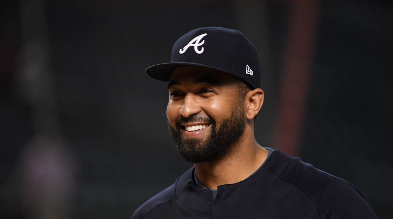 Matt Kemp of the Braves likley will come off the disabled list Saturday.  (Photo by Norm Hall/Getty Images)