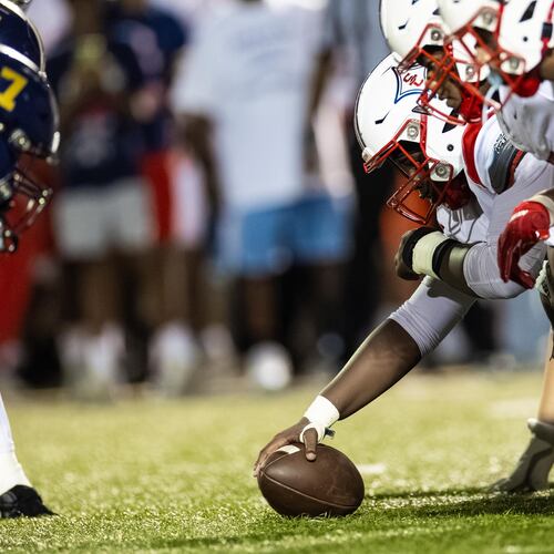 Sandy Creek players line up in formationduring the first half against Douglas County at Douglas County High School in Douglasville, GA on Friday, August 28, 2026. (Oscar Guevara Saenz for the AJC)