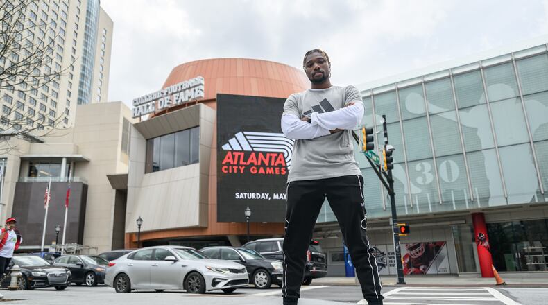 Three-time World Champion and Olympic Bronze Medalist Noah Lyles was on hand in downtown Atlanta on Jan. 25 to announce his intention to compete in the Atlanta City Games in May. (Photo by Paul Ward/Courtesy of Atlanta Track Club)