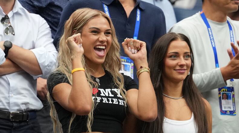 Soccer player Trinity Rodman celebrates after her boyfriend Ben Shelton, of the United States, won his match against Hubert Hurkacz, of Poland, during the second round of the U.S. Open tennis championships Wednesday, Sept. 2, 2026, in New York. (AP Photo/Kirsty Wigglesworth)