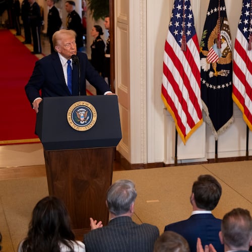 President Donald Trump speaks ahead of the signing of the Laken Riley Act in the East Room of the White House in Washington, DC on January 29, 2025. (Nathan Posner for the Atlanta Journal-Constitution)