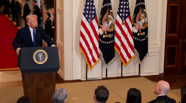 President Donald Trump speaks ahead of the signing of the Laken Riley Act in the East Room of the White House in Washington, DC on January 29, 2025. (Nathan Posner for the Atlanta Journal-Constitution)