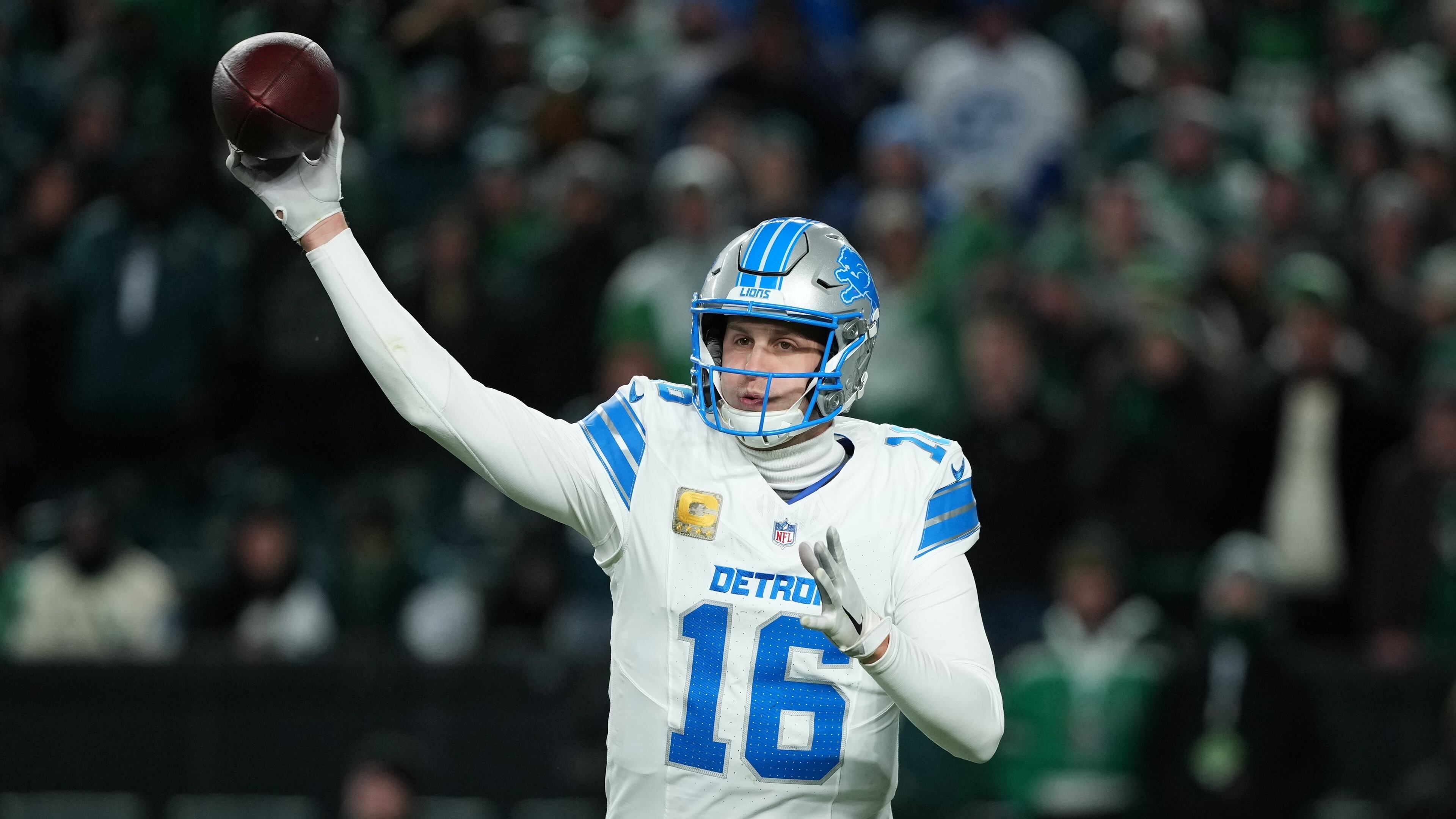 Detroit Lions quarterback Jared Goff throws during the second half of an NFL football game against the Philadelphia Eagles on Sunday, Nov. 16, 2025, in Philadelphia. (AP Photo/Matt Slocum)