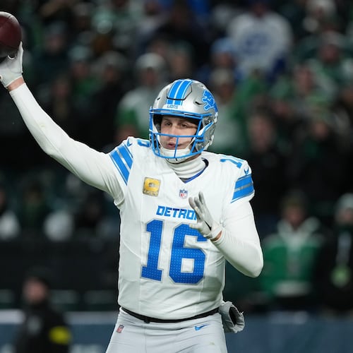 Detroit Lions quarterback Jared Goff throws during the second half of an NFL football game against the Philadelphia Eagles on Sunday, Nov. 16, 2025, in Philadelphia. (AP Photo/Matt Slocum)