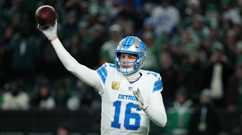 Detroit Lions quarterback Jared Goff throws during the second half of an NFL football game against the Philadelphia Eagles on Sunday, Nov. 16, 2025, in Philadelphia. (AP Photo/Matt Slocum)