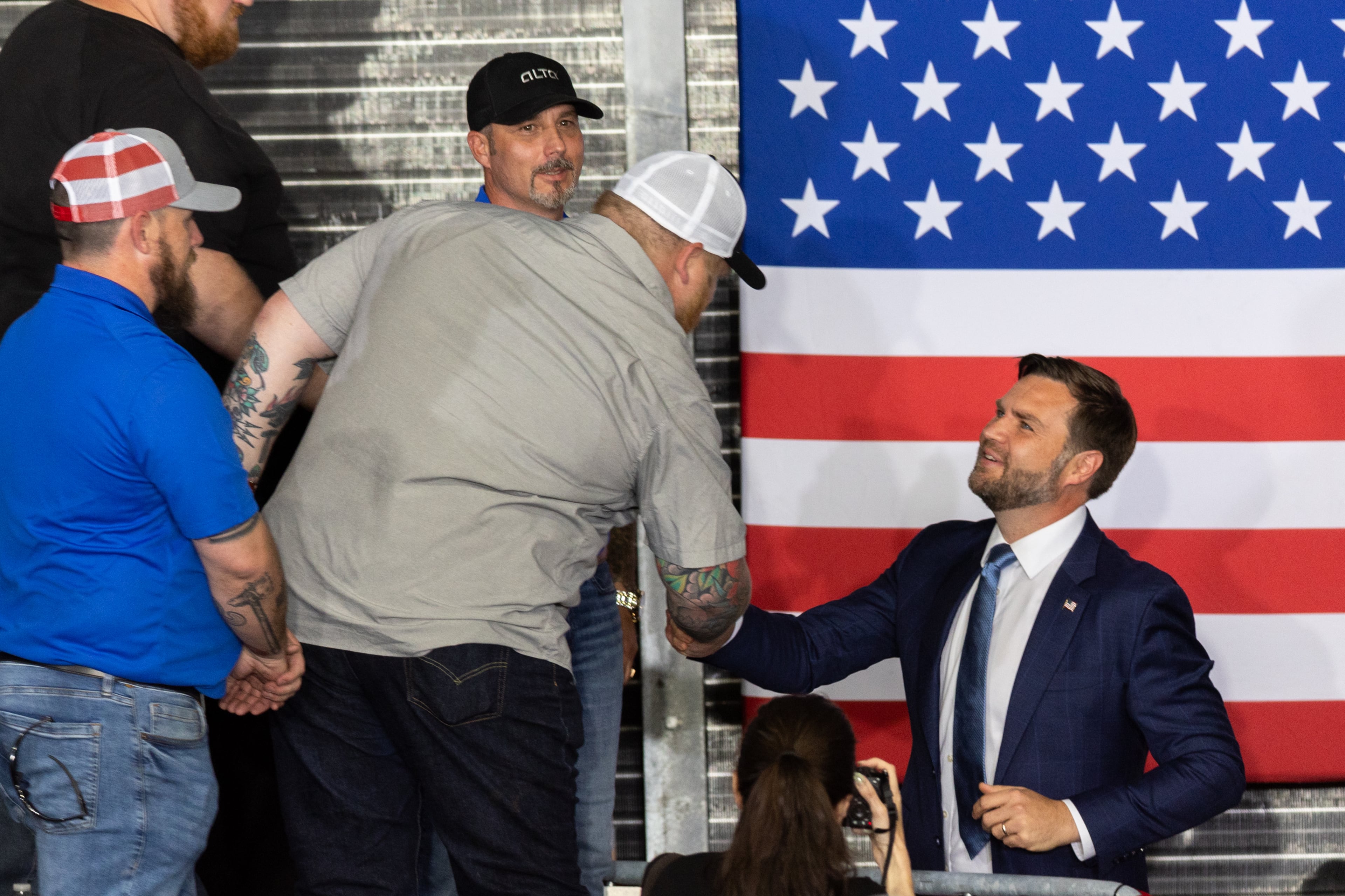 Vice President JD Vance shakes hands with workers after speaking at ALTA Refrigeration in Peachtree City on Thursday, August 21, 2025. (Arvin Temkar / AJC)