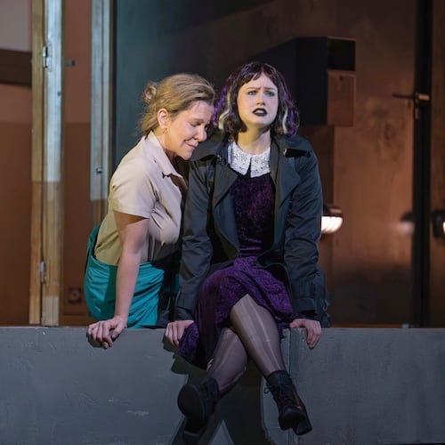 This image released by the Metropolitan Opera shows mezzo-soprano Joyce DiDonato, left, and folk singer Vilma Jää during a rehearsal for Kaija Saariaho's "Innocence," at the Metropolitan Opera in New York on March 31, 2026. (Karen Almond/Met Opera via AP)