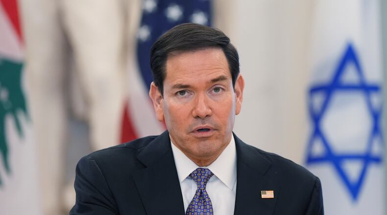 Secretary of State Marco Rubio speaks during diplomatic talks with ambassadors of Lebanon and Israel at the State Department in Washington, Tuesday, April 14, 2026. (AP Photo/Jacquelyn Martin)